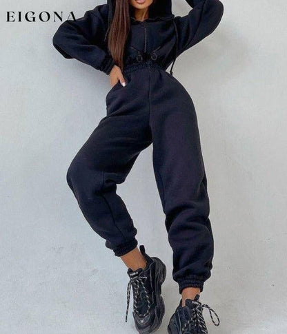 women's hooded sweatshirt sports casual suit two piece set Black clothes