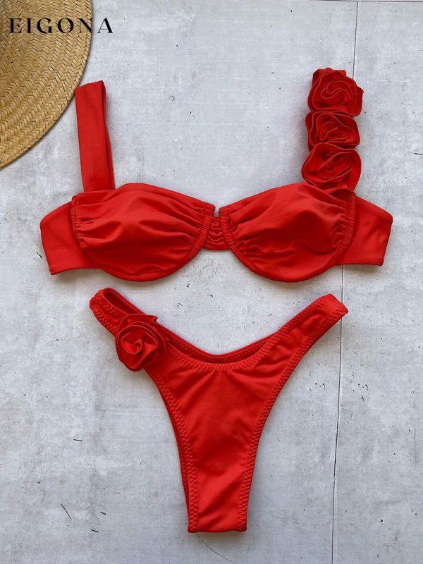Sexy thong bikini , New solid color sexy three-dimensional flower split women's swimsuit Red clothes swim