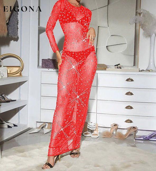 Fashion women's solid color mesh long sleeve long skirt dress Red clothes swim