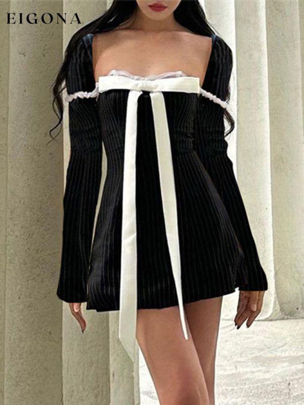 New style French square neck bow tie temperament striped long-sleeved Sexy Mini dress casual dress casual dresses clothes dress dresses long sleeve dress long sleeve dresses short dresses