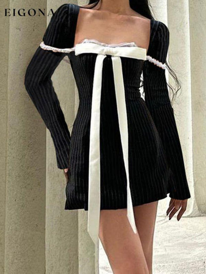 New style French square neck bow tie temperament striped long-sleeved Sexy Mini dress casual dress casual dresses clothes dress dresses long sleeve dress long sleeve dresses short dresses