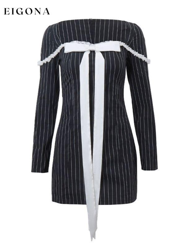 New style French square neck bow tie temperament striped long-sleeved Sexy Mini dress Black casual dress casual dresses clothes dress dresses long sleeve dress long sleeve dresses short dresses