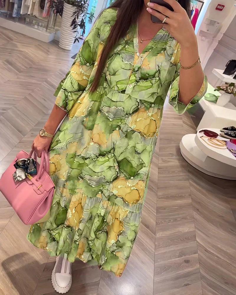 V-Neck Printed Gentle Loose Dress Green dresses Summer