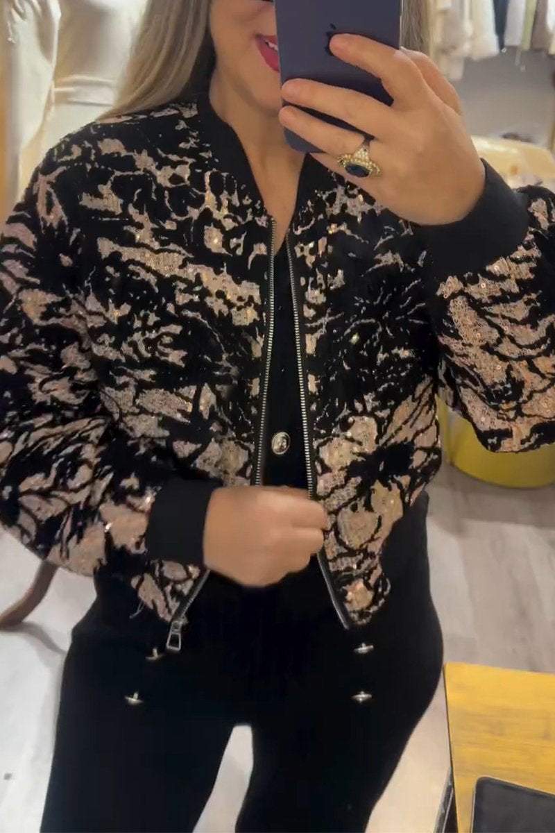 Women's Casual Round Neck Sequined Printed Jacket Coats Cotton Top