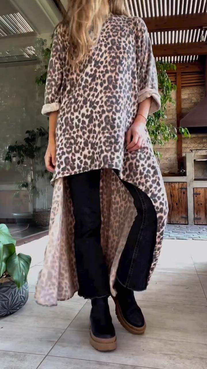 Women's Casual Leopard Print Irregular Long Sleeve Top Top