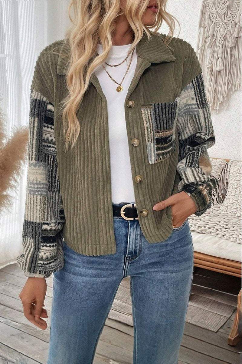 Women's Casual Corduroy Plaid Patchwork Jacket