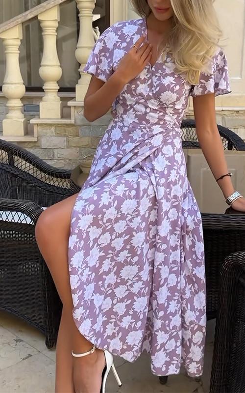 Women's V-neck Printed Waist Dress Cotton Dress