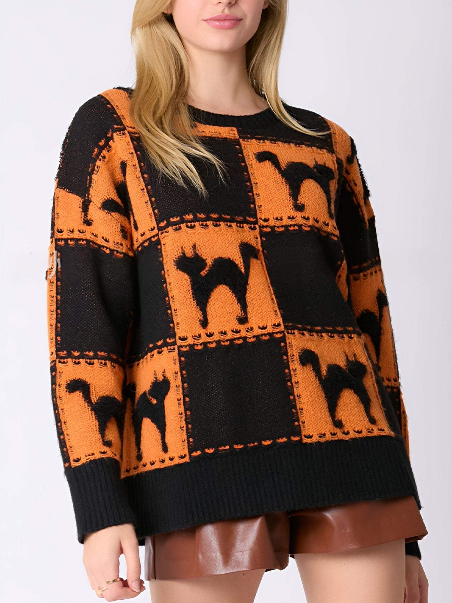 Women's Round-neck Halloween Ghost Plaid Pullover Knitted Sweater Cotton Top