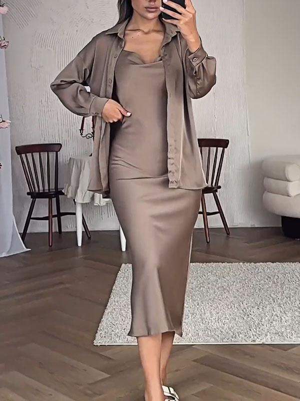 Women's Satin Smooth Top Shirt & Dress Two-piece Set Set