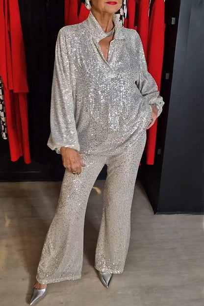 Women's Spring and Fall V-neck Top and Pants Sequined Suit Sets Two piece sets