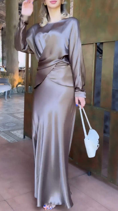 Women's Round Neck Long Sleeve Satin Elegant Dress Suit Sets Two piece sets