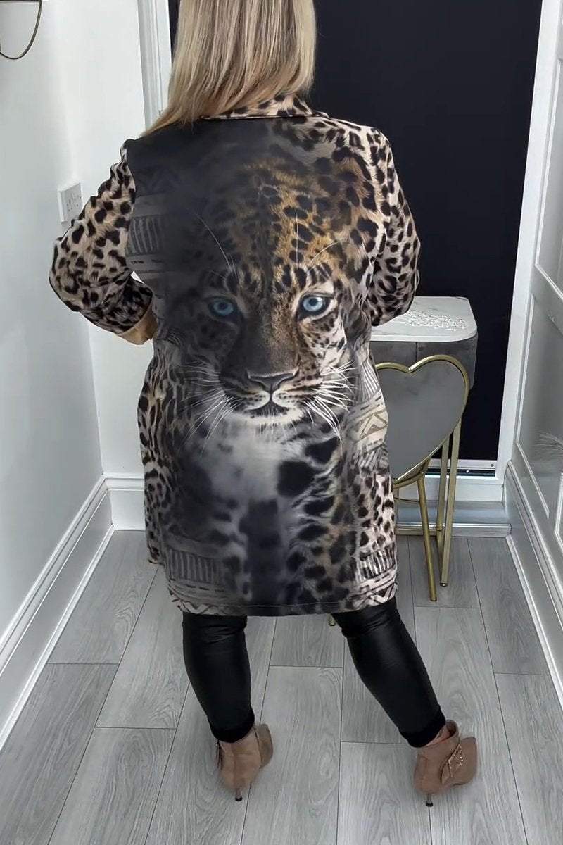 Leopard Print Autumn-winter Coat with Lapel for Women coats tops