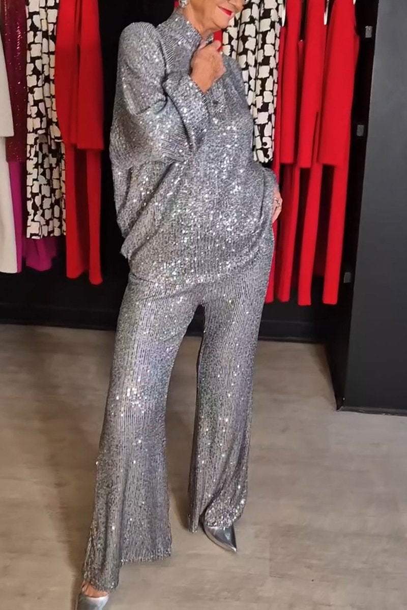 Women's Spring and Fall V-neck Top and Pants Sequined Suit Sets Two piece sets