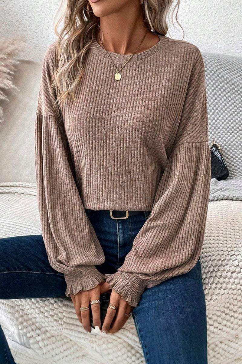 Women's Casual Solid Color Pit Strip Lantern Sleeve Top