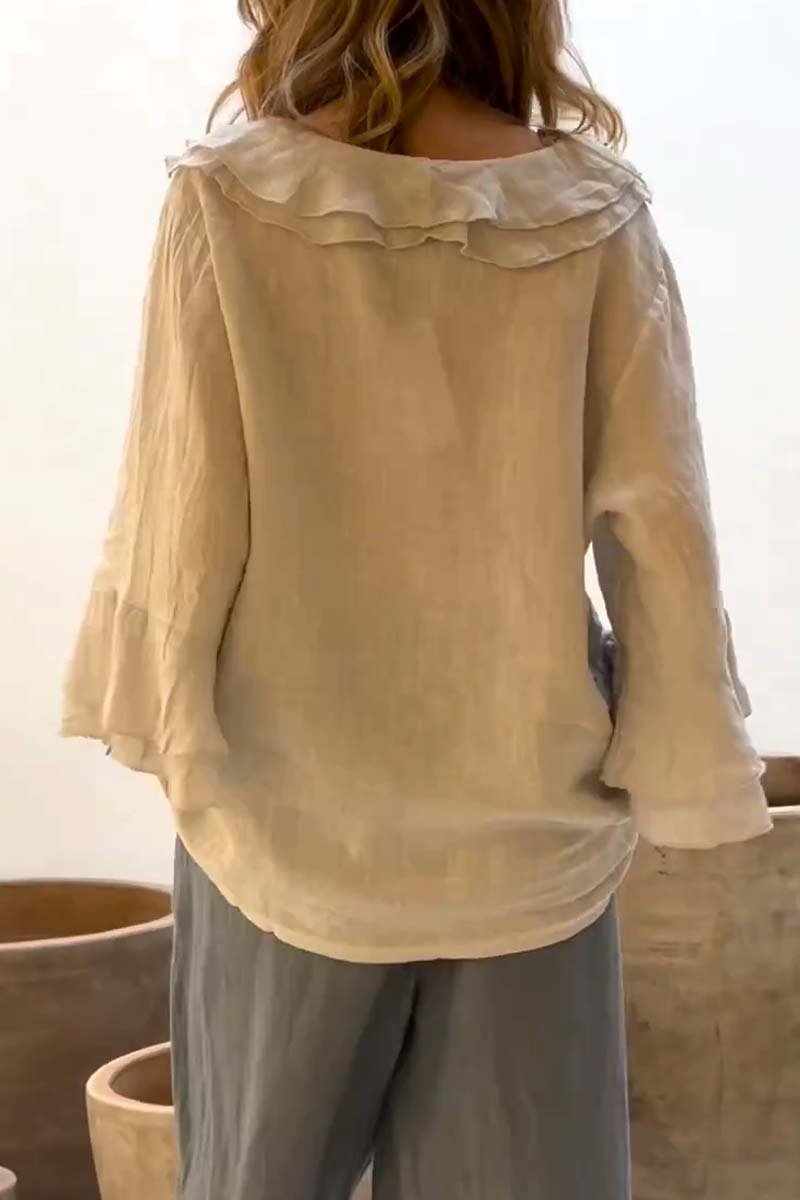 Women's casual ruffle collar cotton and linen tops Cotton and Linen Top