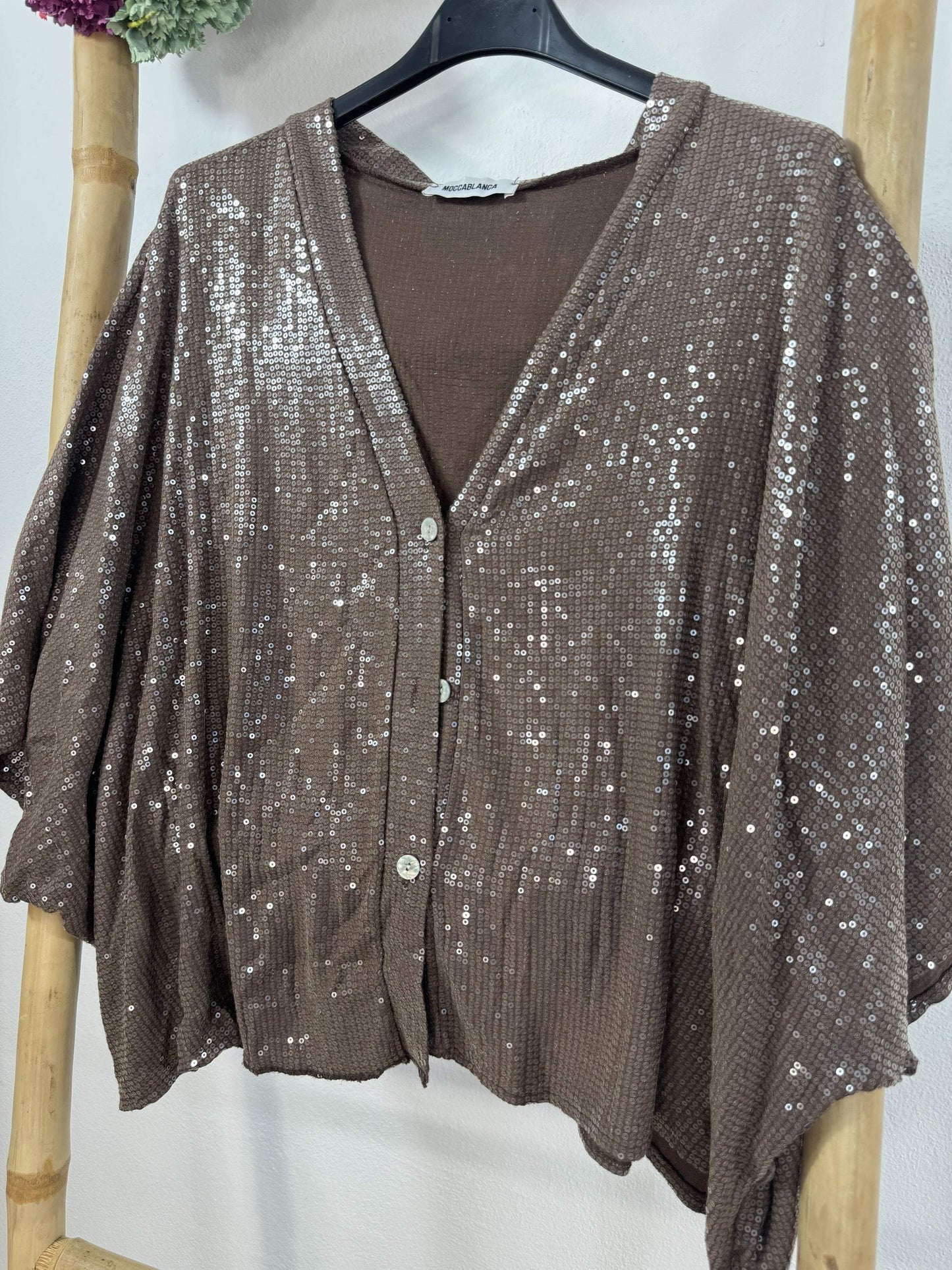 Women's Casual Sequined V-neck Mid-sleeve Shirt Shirt