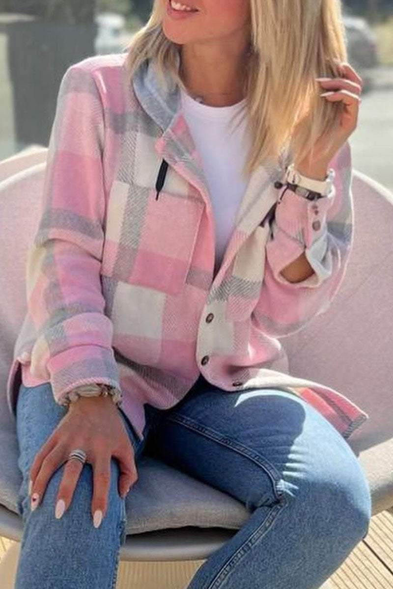 Casual Plaid Button-down Long-sleeve Hooded Shirt Shirt Tops