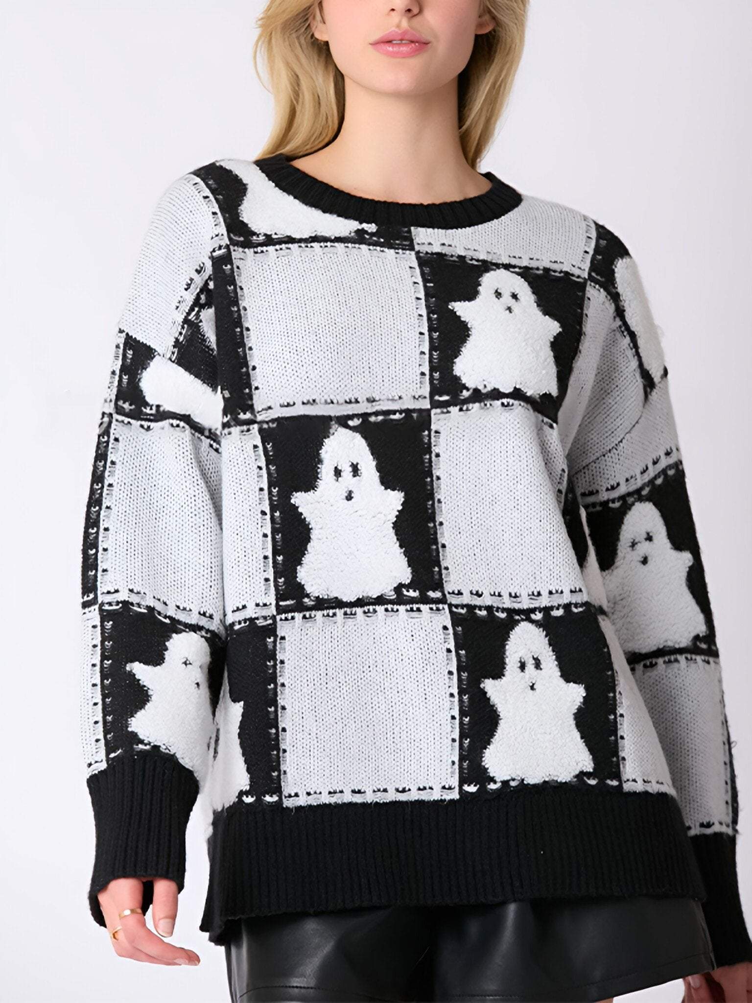 Women's Round-neck Halloween Ghost Plaid Pullover Knitted Sweater Cotton Top