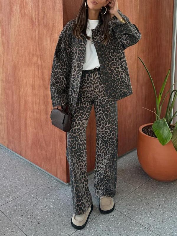 Women's Casual Lapel Single-breasted Leopard Printed Two-piece Suit Cotton Leopard Printed Suit Two-piece