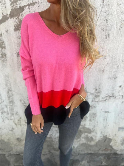 Casual V-neck Color Block Top cotton Top