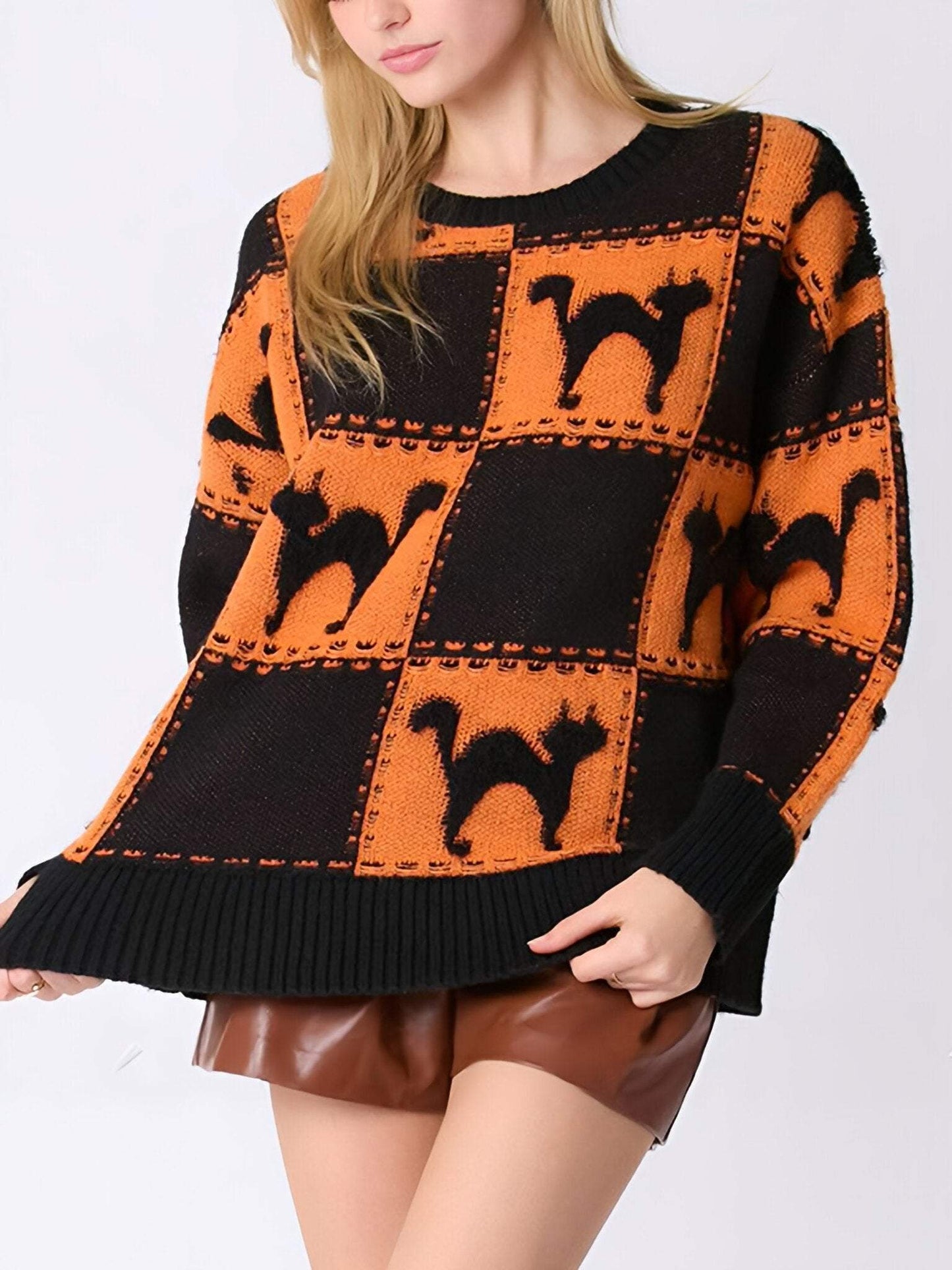 Women's Round-neck Halloween Ghost Plaid Pullover Knitted Sweater Cotton Top