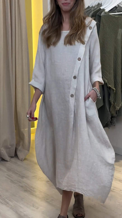 Women's Casual Round Neck Solid Color Cotton and Linen Dress Cotton and Linen Dress