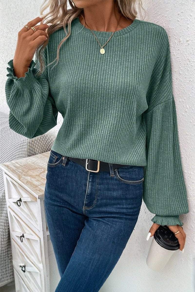 Women's Casual Solid Color Pit Strip Lantern Sleeve Top