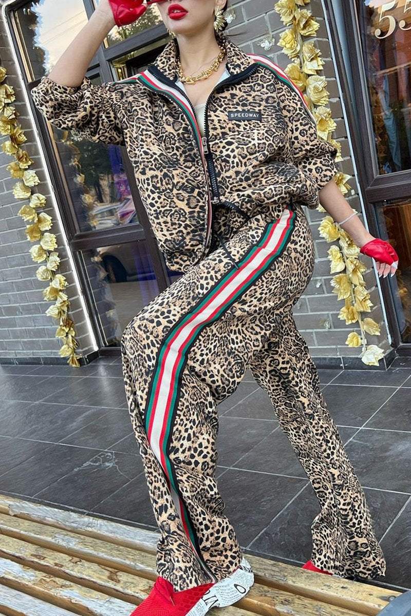 Women's Leopard Print Zip-up Jacket Leopard Print Pant Suit Sets Two piece sets