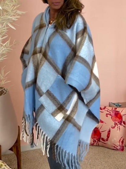 Women's Hooded Long-sleeved Plaid Tassel Cape Coat tops