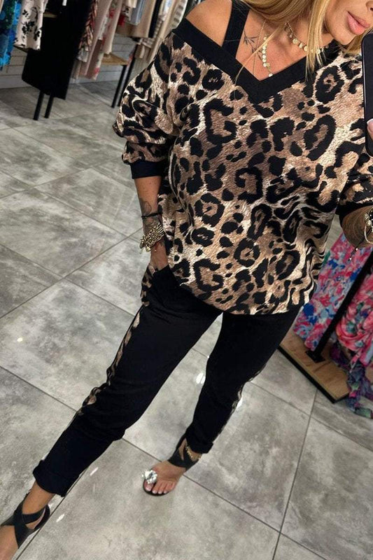 Women's V-neck Leopard Print Casual Suit