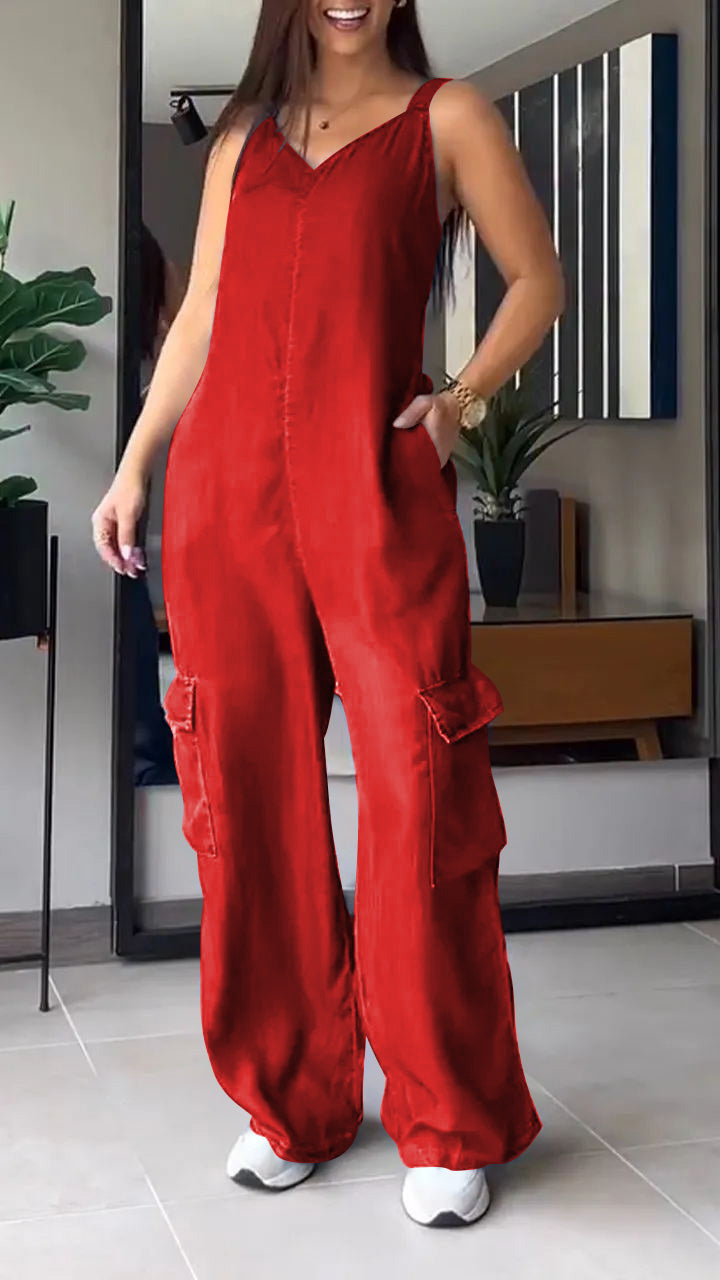 Thin Denim Cargo Pocket V-neck Jumpsuit Jumpsuit pants tops