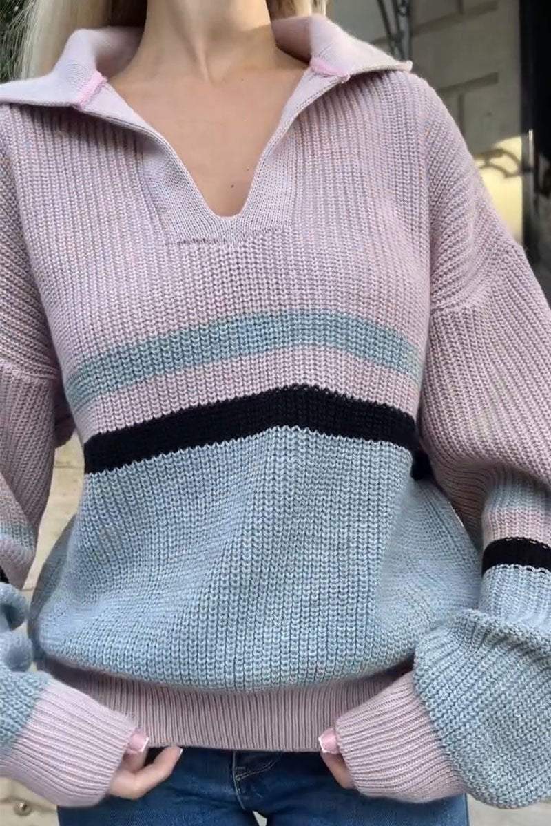 Women's Casual Colorblocked V-Neck Lapel Sweater Sweater Tops