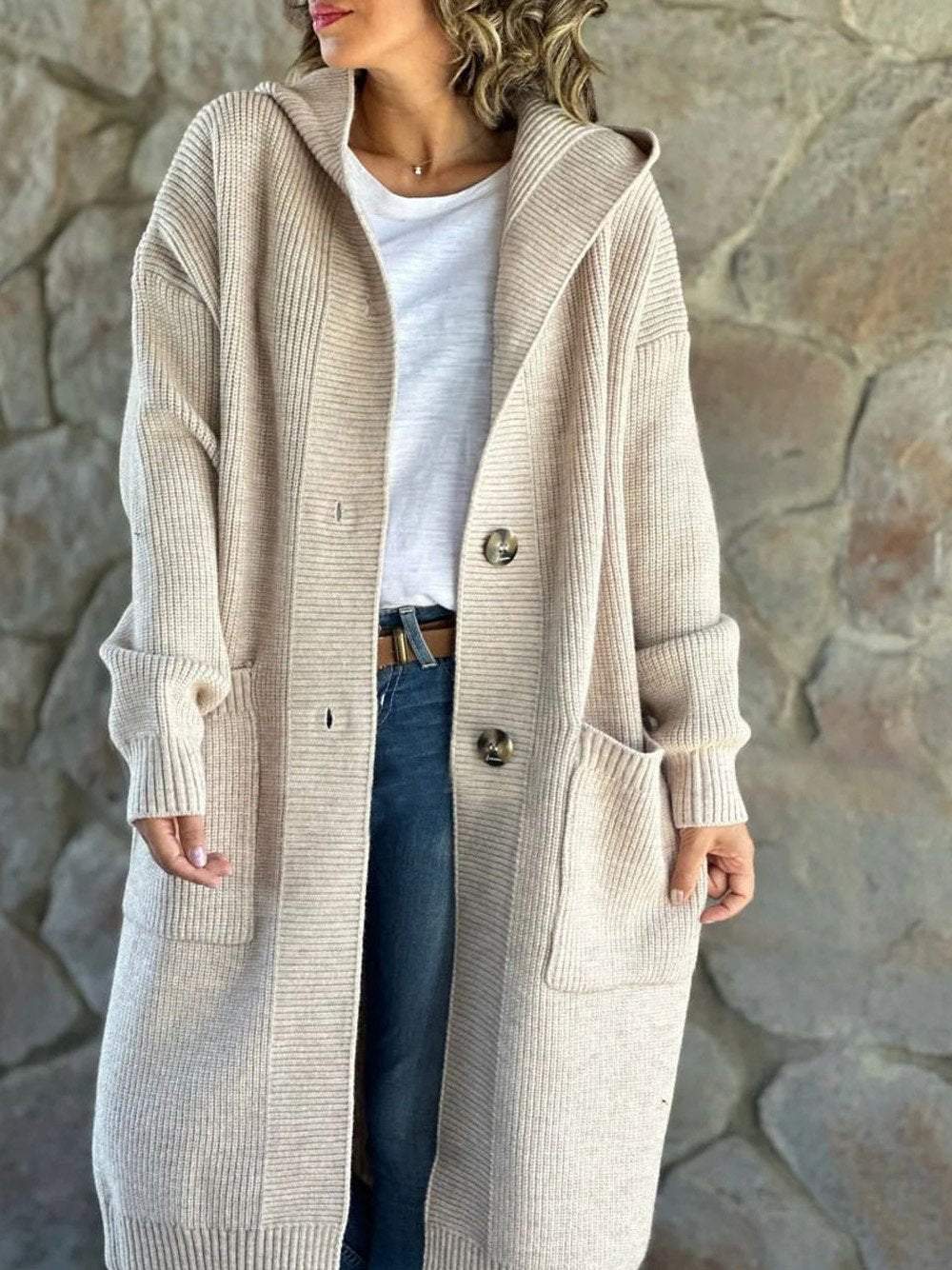 Women's Solid Color Knitted Sweater Hooded Long Coat Jacket