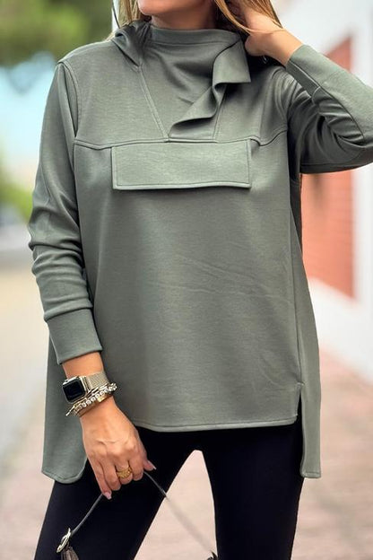 Women's casual high-neck hem slit top sweatshirts Top