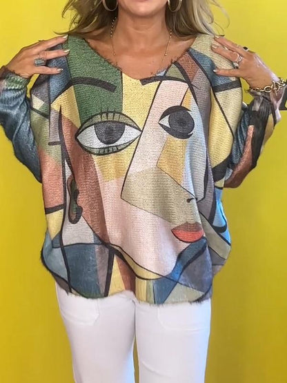 Casual V-neck Face Print Top Cotton Top