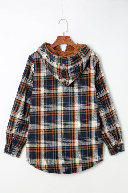 Plaid Pattern Sherpa Lined Hooded Shacket Hooded Tops