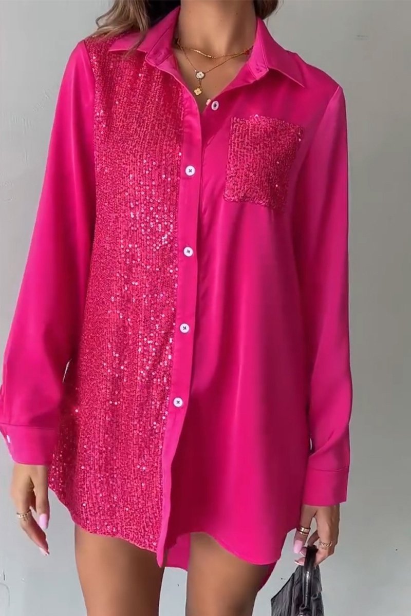 Women's Casual Lapel Sequined Long Shirt Cotton Shirts & Blouse