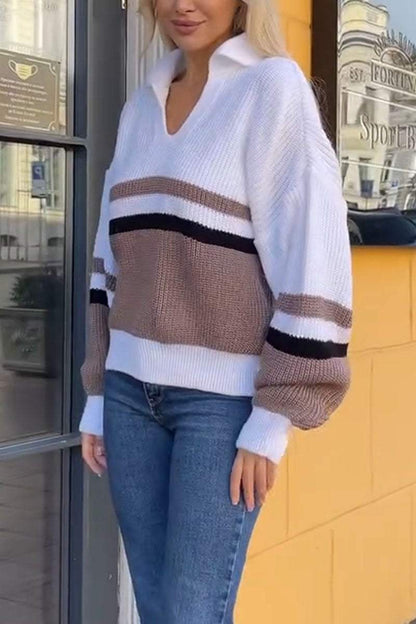 Women's Casual Colorblocked V-Neck Lapel Sweater Sweater Tops