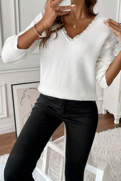 Women's V-neck Lace Patchwork Sweater sweaters Top