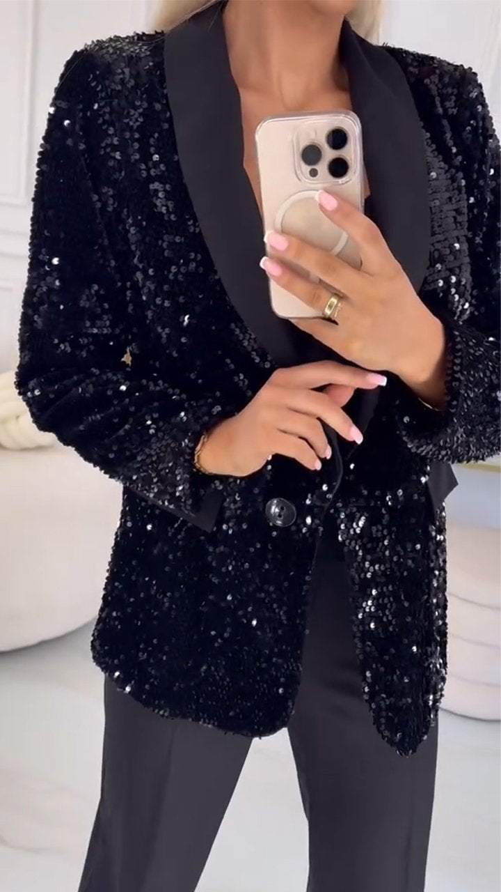 Women's Sequined Lapel Suit Jacket Coats Tops