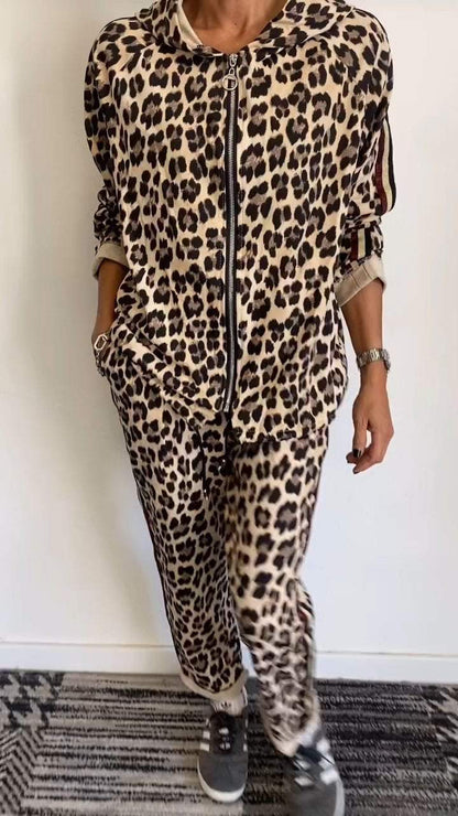 Hooded Long-sleeved Leopard Print Casual Suit Pant sets sets Two piece sets