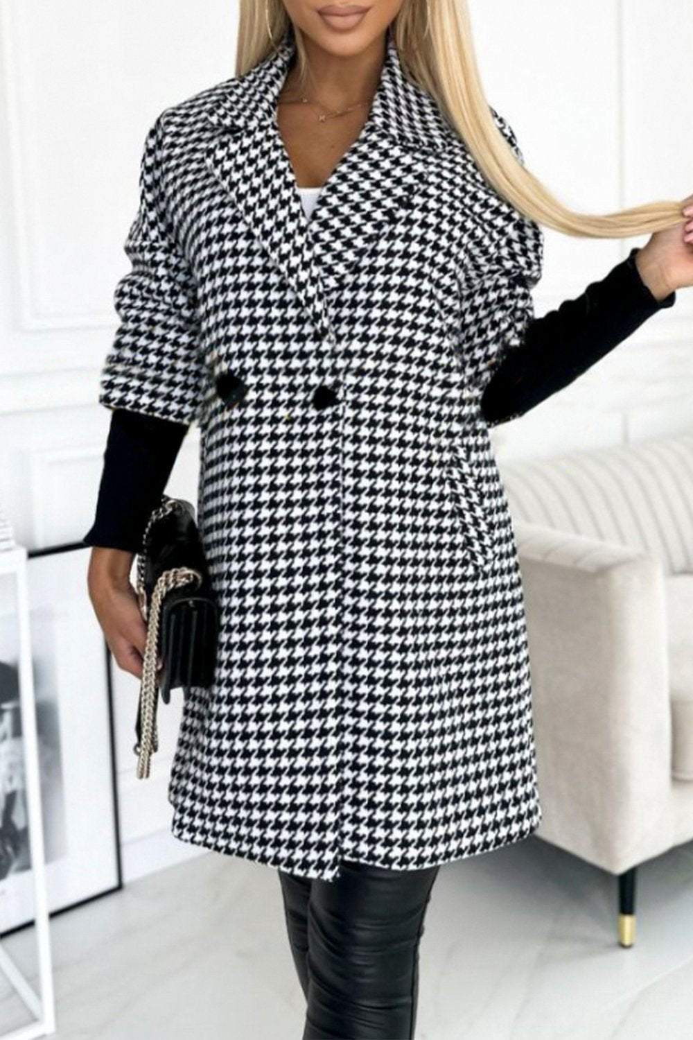 Women's Houndstooth Sleeves Knitted Patchwork Lapel Jacket Coats skirts Top