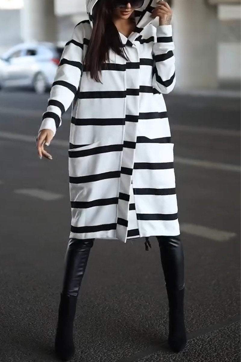 Women's Casual Hooded Striped Mid-length Coat Coats Cotton Top