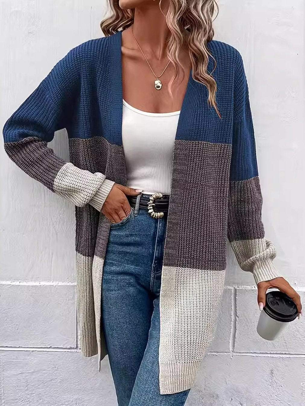 Women's Casual Contrast Color Mid-Length Knitted Cardigan Cardigan