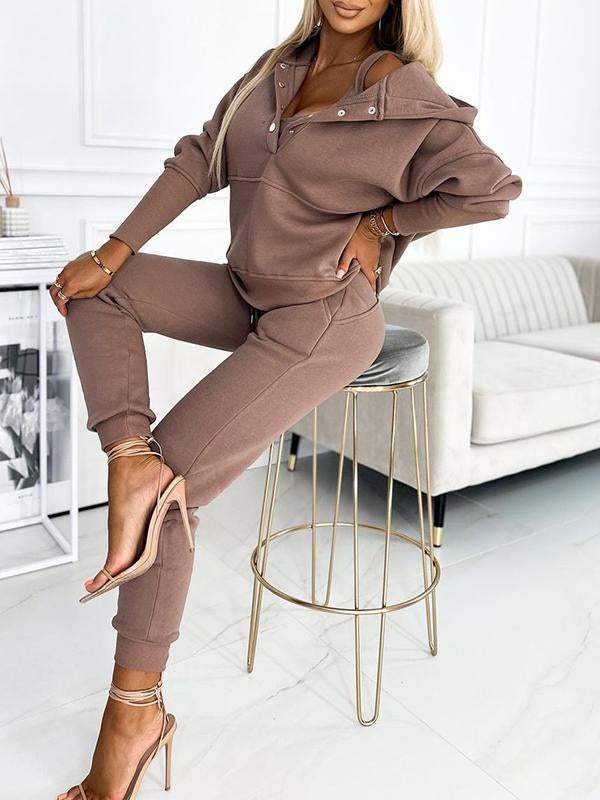 Women's Half-button Hooded Long-sleeved Casual Sports Suit Suit