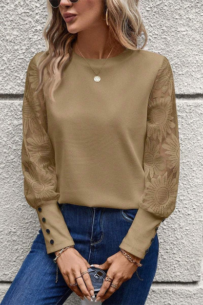 Women's Round Neck Knitted Lace Sleeve Patchwork Top sweater Top