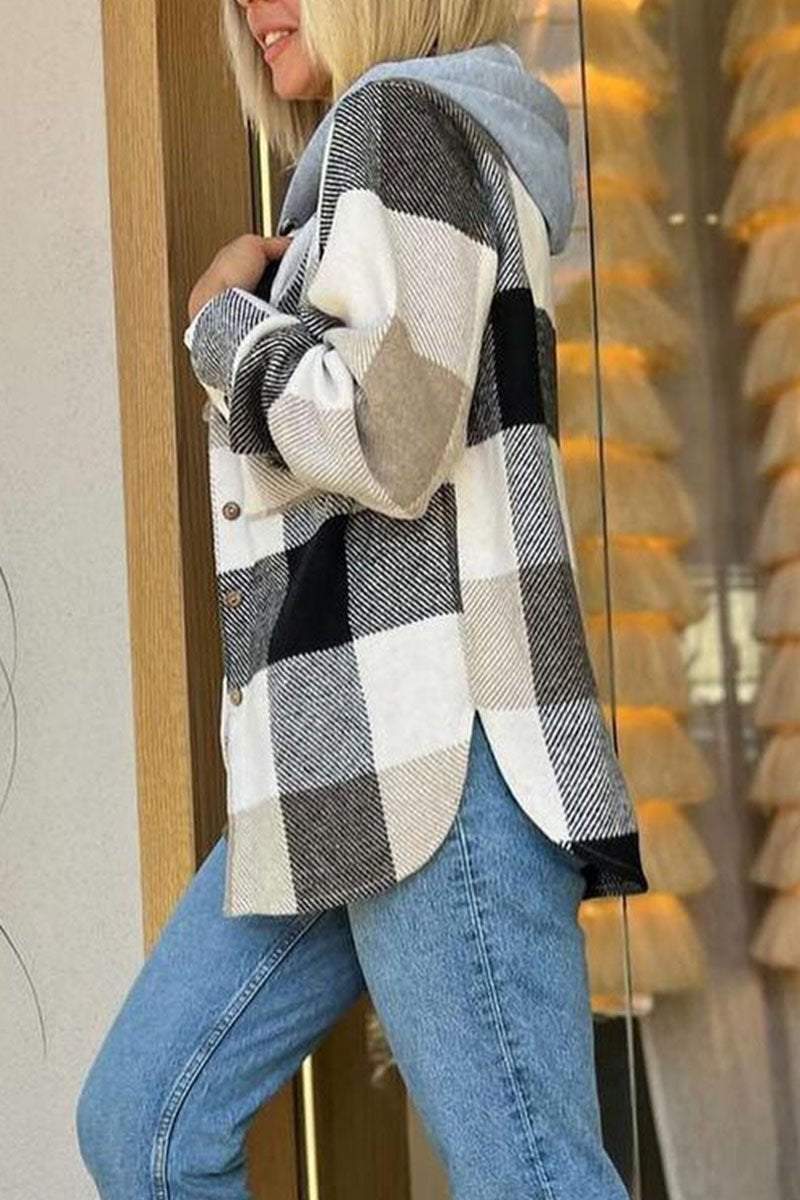 Casual Plaid Button-down Long-sleeve Hooded Shirt Shirt Tops