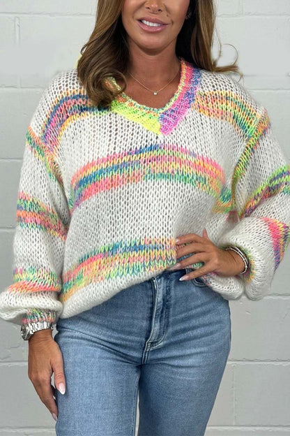 Women's V-Neck Multicoloured Stripe Knit Jumper Sweaters Tops