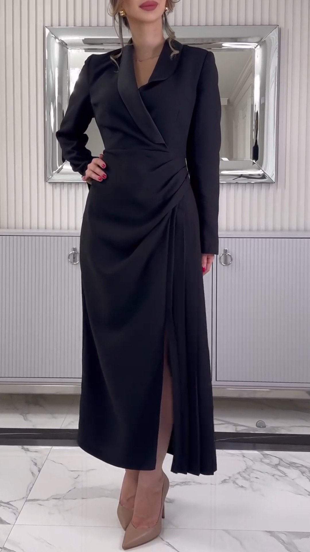 Women's Lapel Long-sleeved Elegant Commuter Dress Dress Maxi Dress