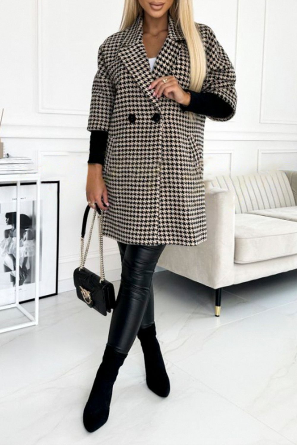 Women's Houndstooth Sleeves Knitted Patchwork Lapel Jacket Coats skirts Top